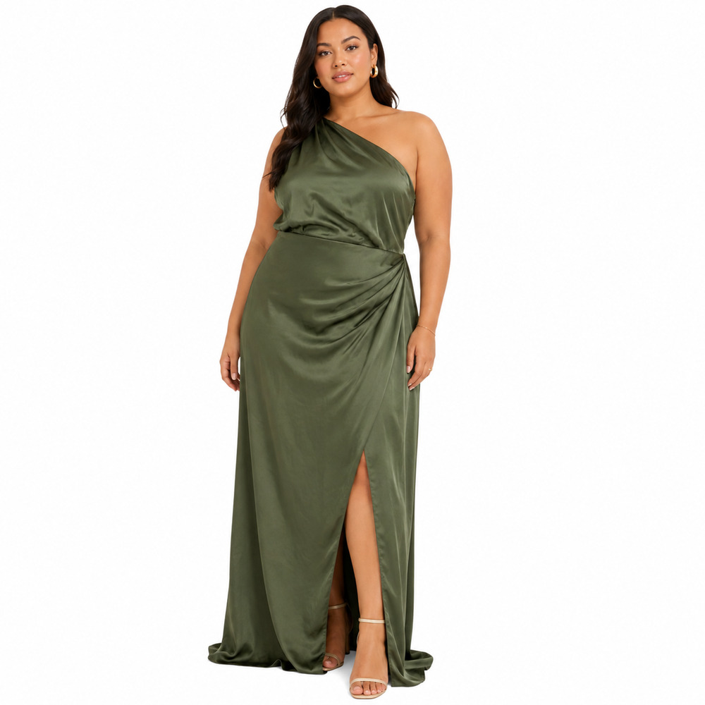 Lulus Elegance Green One Shoulder Satin Formal Sheath Dress High Slit sz XL